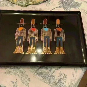Vintage Couroc of Monterey tray with cowboys inlaid glass metal and wood. Rare🤠